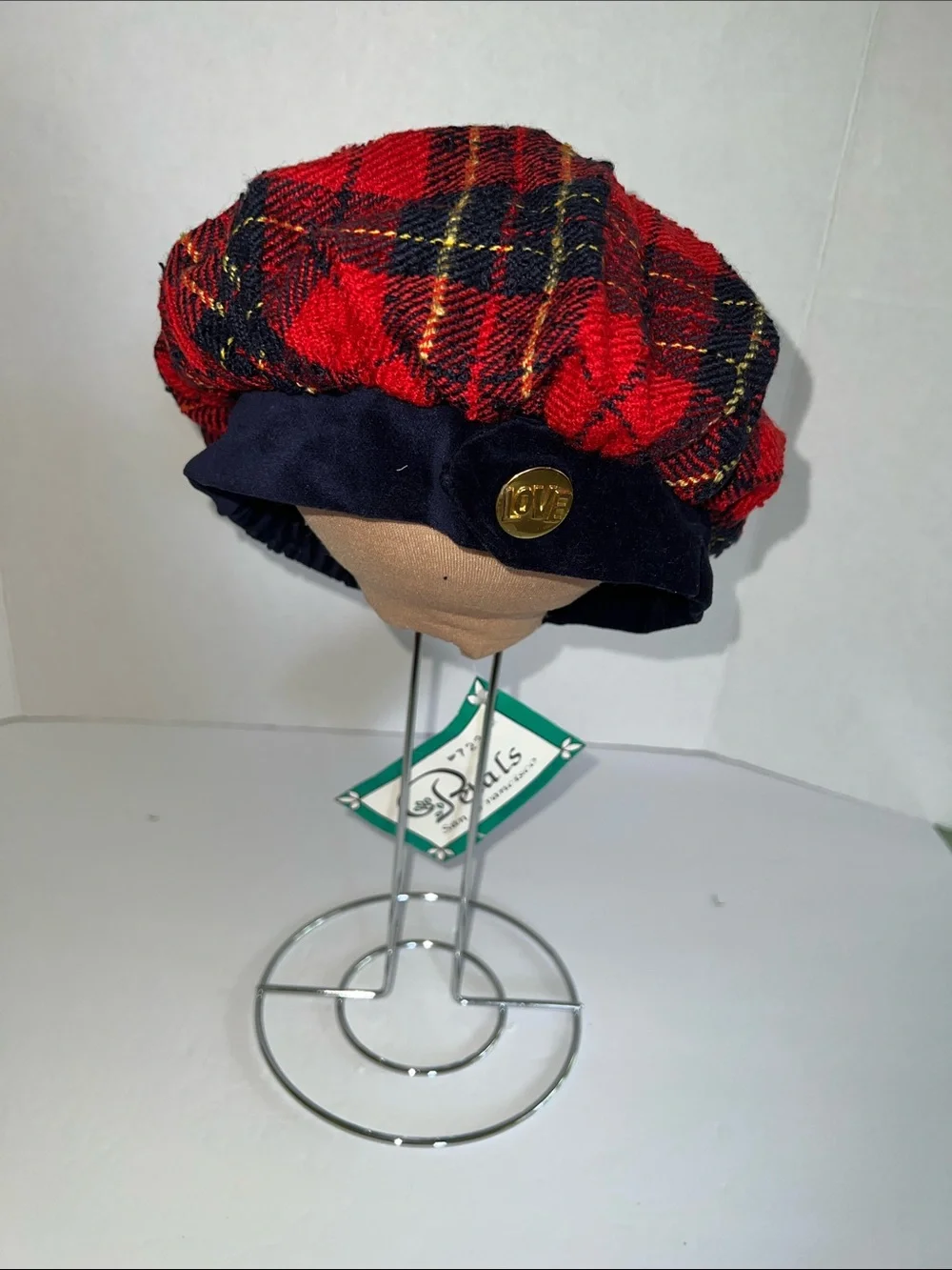 Vintage Kids Red Plaid Beret with Navy Band and Gold Button that says LOVE